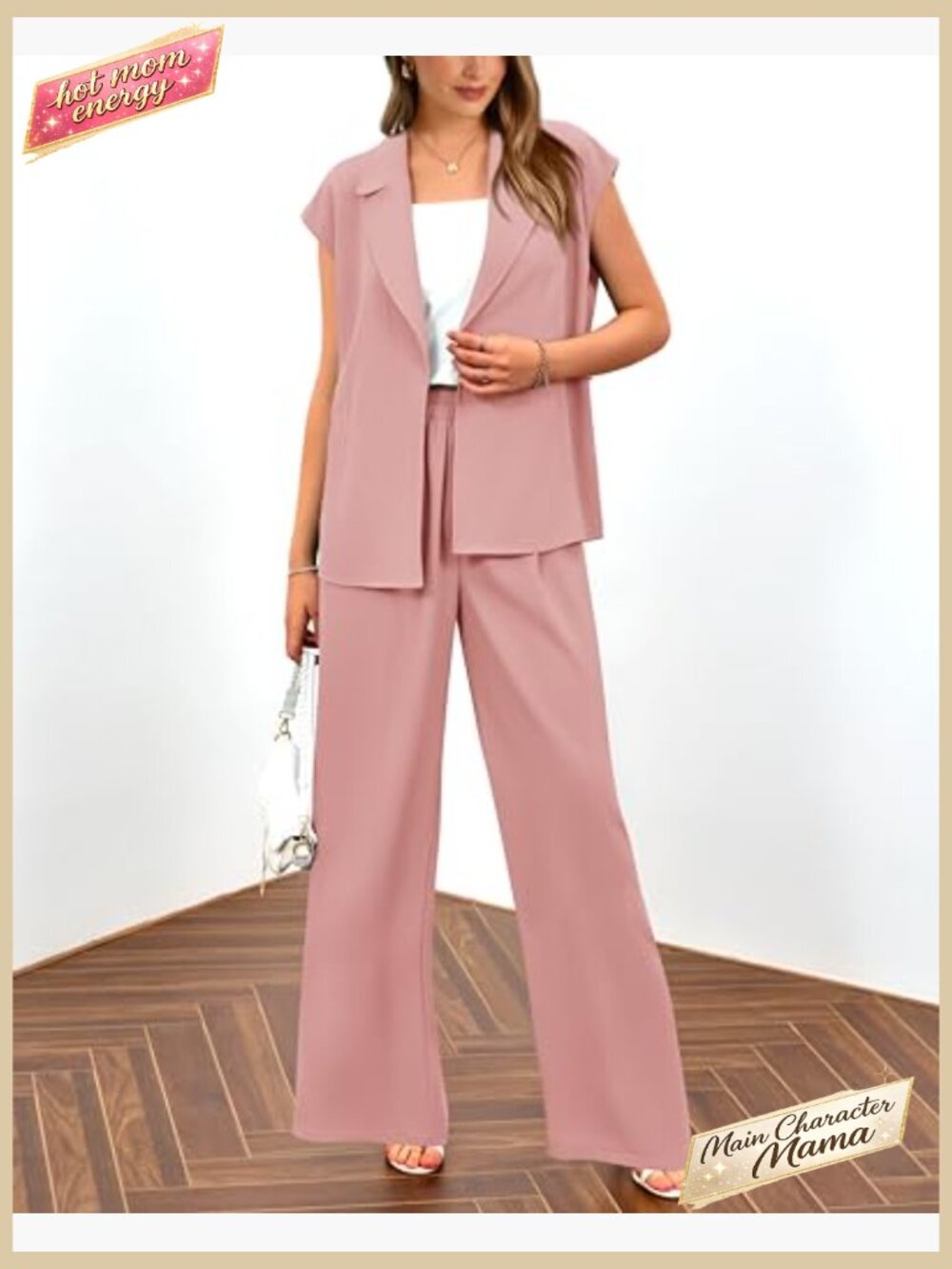 Sleeveless Blazer Vest & Wide Leg Pant Set Business Casual 2 Piece Outfits - Picture 4 of 7